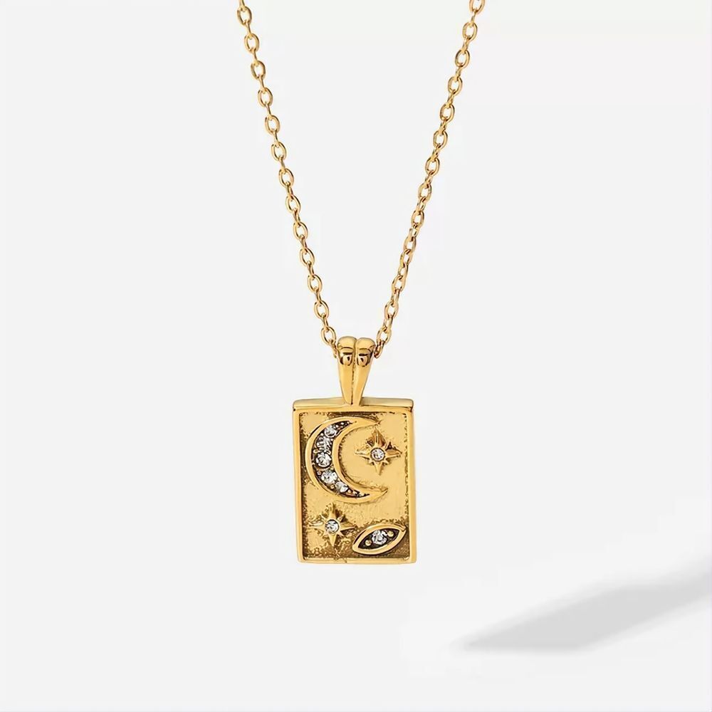 ✨️Elegant Women Zircon Star Moon Square Pendant Necklace 18K Stainless Steel